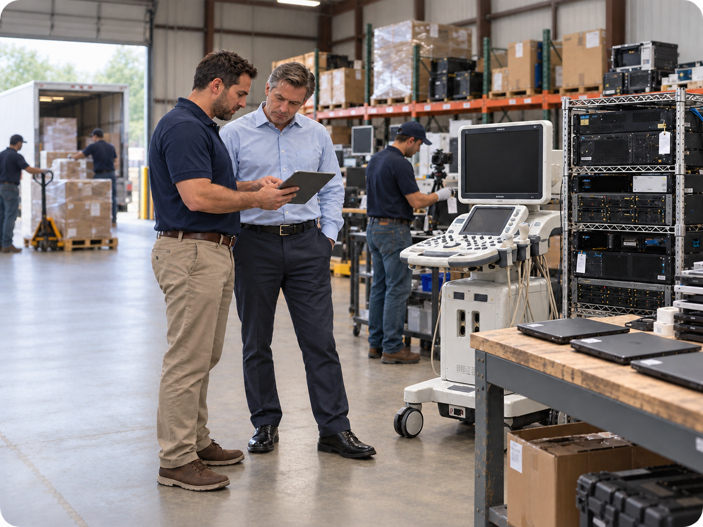 Warehouse technicians reviewing ultrasound equipment